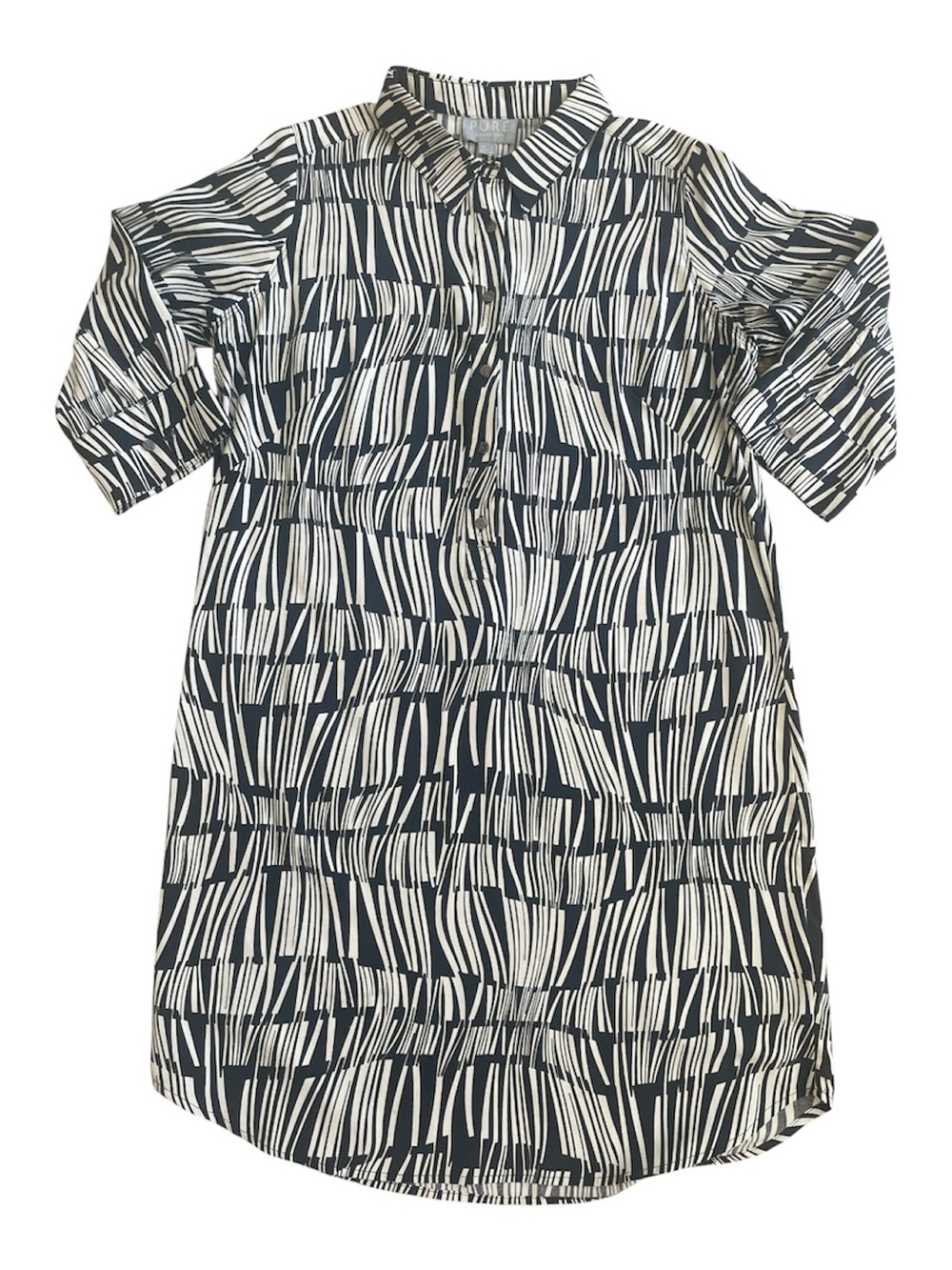 PURE COLLECTION Silk Abstract Shirt Tail Tunic Knee Length Dress Black Cream 8